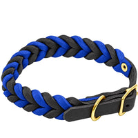 Geflochtenes Fettleder-Halsband in Schwarz und Blau, Schnalle und D-Ring in Messing