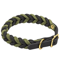Geflochtenes Fettleder-Halsband in Schwarz und Oliv, Schnalle und D-Ring in Messing