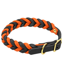 Geflochtenes Fettleder-Halsband in Schwarz und Orange, Schnalle und D-Ring in Messing