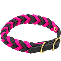 Geflochtenes Fettleder-Halsband in Schwarz und Pink, Schnalle und D-Ring in Messing