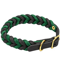 Geflochtenes Fettleder-Halsband in Schwarz und Tannengrün, Schnalle und D-Ring in Messing