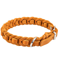 Geflochtenes Fettleder-Halsband Braidy deluxe in Cognac, Schnalle und D-Ring in Chrom