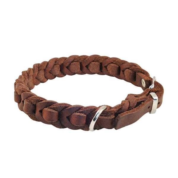 Geflochtenes Fettleder-Halsband Braidy deluxe in Braun, Schnalle und D-Ring in Chrom