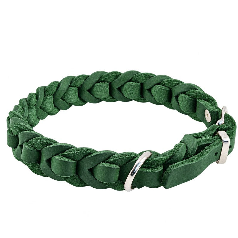 Geflochtenes Fettleder-Halsband Braidy deluxe in Tannengrün, Schnalle und D-Ring in Chrom