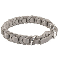Geflochtenes Fettleder-Halsband Braidy deluxe in Grau mit D-Ring und Beschlägen in Chrom