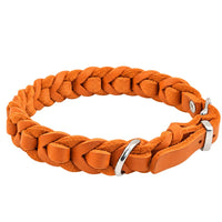 Geflochtenes Fettleder-Halsband Braidy deluxe in Orange mit D-Ring und Beschlägen in Chrom