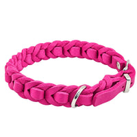 Geflochtenes Fettleder-Halsband Braidy deluxe in Pink mit D-Ring und Beschlägen in Chrom