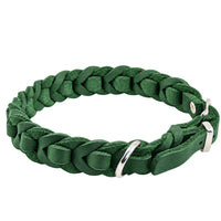 Geflochtenes Fettleder-Halsband Braidy deluxe in Tannengrün mit D-Ring und Beschlägen in Chrom