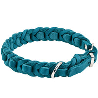 Geflochtenes Fettleder-Halsband Braidy deluxe in Türkis mit D-Ring und Beschlägen in Chrom