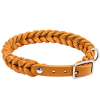 Geflochtenes Fettleder-Halsband Braidy in Cognac mit Dornschnalle und D-Ring in Chrom