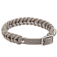 Geflochtenes Fettleder-Halsband Braidy in Grau mit Dornschnalle und D-Ring in Chrom