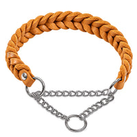 Geflochtenes Fettleder-Halsband Braidy in Cognac mit silberner Zugstopp-Kette und Ring