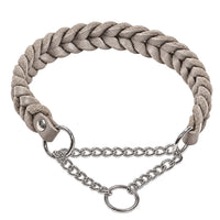 Geflochtenes Fettleder-Halsband Braidy in Grau mit silberner Zugstopp-Kette und Ring