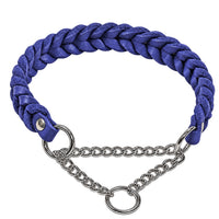 Geflochtenes Fettleder-Halsband Braidy in kräftigem Blau mit silberner Zugstopp-Kette und Ring