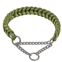 Geflochtenes Fettleder-Halsband Braidy in Olivgrün mit silberner Zugstopp-Kette und Ring