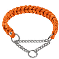 Geflochtenes Fettleder-Halsband Braidy in Orange mit silberner Zugstopp-Kette und Ring