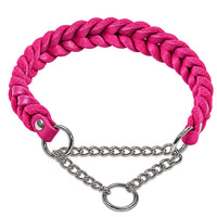 Geflochtenes Fettleder-Halsband Braidy in Pink mit silberner Zugstopp-Kette und Ring