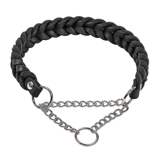Geflochtenes Fettleder-Halsband Braidy in Schwarz mit silberner Zugstopp-Kette und Ring