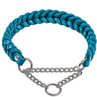 Geflochtenes Fettleder-Halsband Braidy in Türkis mit silberner Zugstopp-Kette und Ring