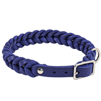 Geflochtenes Fettleder-Halsband Braidy in kräftigem Blau mit Dornschnalle und D-Ring in Chrom