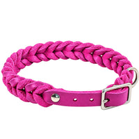 Geflochtenes Fettleder-Halsband Braidy in Pink mit Dornschnalle und D-Ring in Chrom