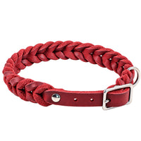 Geflochtenes Fettleder-Halsband Braidy in Rot mit Dornschnalle und D-Ring in Chrom