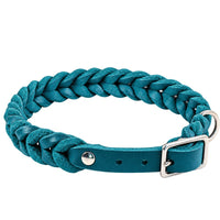 Geflochtenes Fettleder-Halsband Braidy in Türkis mit Dornschnalle und D-Ring in Chrom