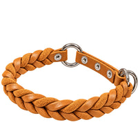Geflochtenes Fettleder-Halsband Braidy in Cognac mit Zugstopp-Riemen, Ösen und Ringen in Chrom