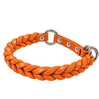 Geflochtenes Fettleder-Halsband Braidy in Orange mit Zugstopp-Riemen, Ösen und Ringen in Chrom