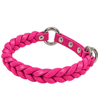 Geflochtenes Fettleder-Halsband Braidy in Pink mit Zugstopp-Riemen, Ösen und Ringen in Chrom
