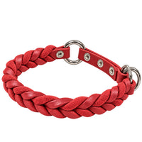 Geflochtenes Fettleder-Halsband Braidy in Rot mit Zugstopp-Riemen, Ösen und Ringen in Chrom