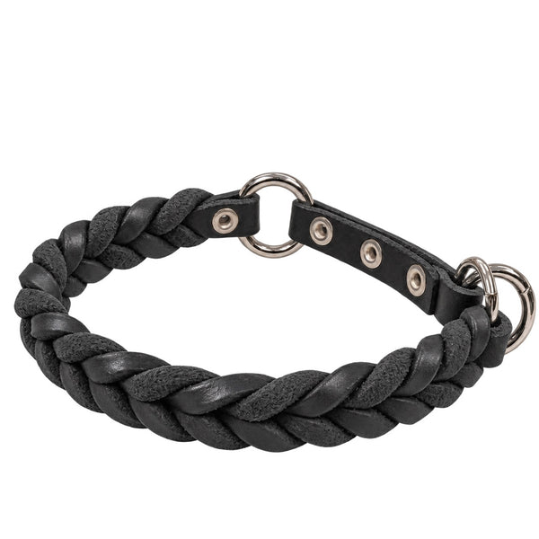 Geflochtenes Fettleder-Halsband Braidy in Schwarz mit Zugstopp-Riemen, Ösen und Ringen in Chrom