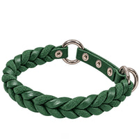 Geflochtenes Fettleder-Halsband Braidy in Tannengrün mit Zugstopp-Riemen, Ösen und Ringen in Chrom