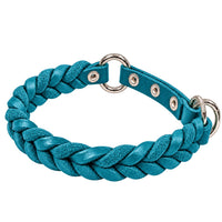 Geflochtenes Fettleder-Halsband Braidy in Türkis mit Zugstopp-Riemen, Ösen und Ringen in Chrom