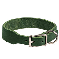 Fettleder-Halsband Pure Basic in Tannengrün, Dornschnalle und D-Ring in Chrom
