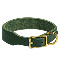 Fettleder-Halsband Pure Basic in Tannengrün, Dornschnalle und D-Ring in Messing