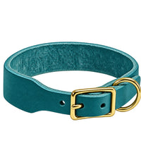 Fettleder-Halsband Pure Basic in Türkis, Dornschnalle und D-Ring in Messing