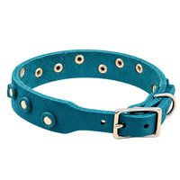 Fettleder-Halsband Pure Dots in Türkis, Schnallenseite mit D-Ring, Ösen und Nieten in Chrom