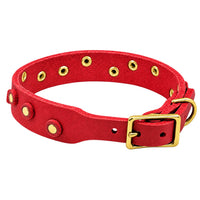 Fettleder-Halsband Pure Dots in Rot, Schnallenseite mit D-Ring, Ösen und Nieten in Messing
