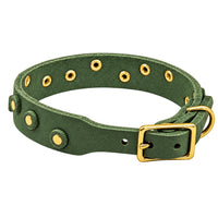 Fettleder-Halsband Pure Dots in Tannengrün, Schnallenseite mit D-Ring, Ösen und Nieten in Messing