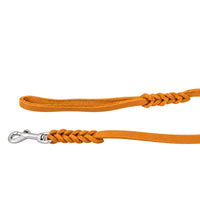 Detail: Handschlaufe und Edelstahl-Karabiner mit geflochtenen Übergängen an der Schleppleine in Cognac