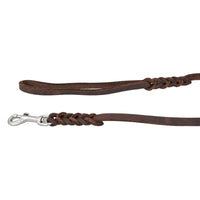 Detail: Handschlaufe und Edelstahl-Karabiner mit geflochtenen Übergängen an der Schleppleine in Dunkelbraun
