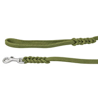 Detail: Handschlaufe und Edelstahl-Karabiner mit geflochtenen Übergängen an der Schleppleine in Olivgrün