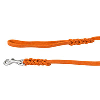 Detail: Handschlaufe und Edelstahl-Karabiner mit geflochtenen Übergängen an der Schleppleine in Orange