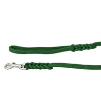 Detail: Handschlaufe und Edelstahl-Karabiner mit geflochtenen Übergängen an der Schleppleine in Tannengrün