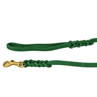 Detail: Handschlaufe und Messing-Karabiner mit geflochtenen Übergängen an der Schleppleine in Tannengrün