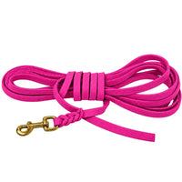 Fettleder-Schleppleine ohne Handschlaufe in Pink, eng aufgerollt, geflochtener Anschluss am Messingkarabiner