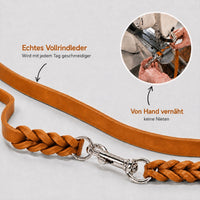 Infografik Fettleder-Verlängerungsleine in Cognac: echtes Vollrindleder, von Hand vernäht, keine Nieten