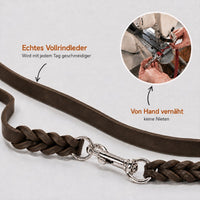 Infografik Fettleder-Verlängerungsleine in Dunkelbraun: echtes Vollrindleder, von Hand vernäht, keine Nieten