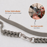 Infografik Fettleder-Verlängerungsleine in Grau: echtes Vollrindleder, von Hand vernäht, keine Nieten